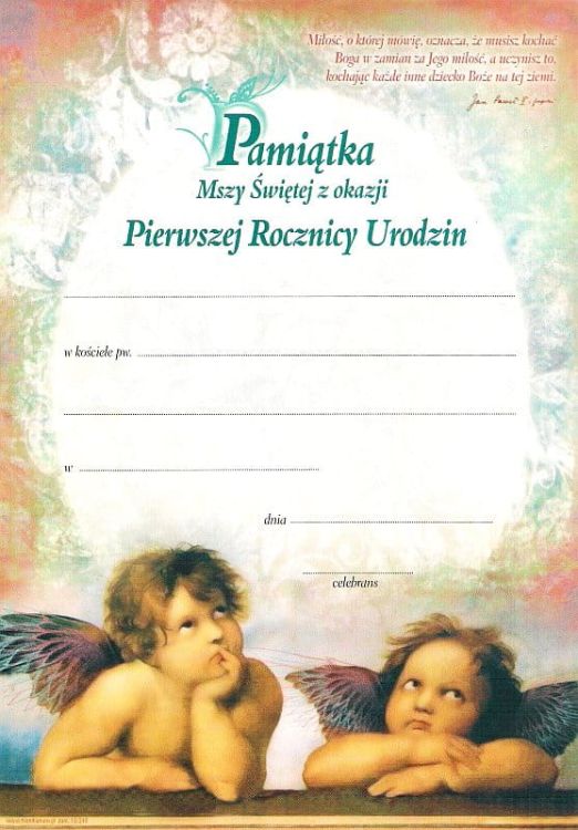Dyplom - Pamiątka Mszy św. z okazji pierwszej rocznicy urodzin e-religijne.pl