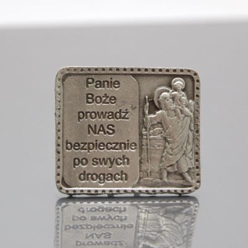 Modlitwa kierowcy metalowa plakietka ze św. Krzysztofem - pamiątka poświęcenia auta