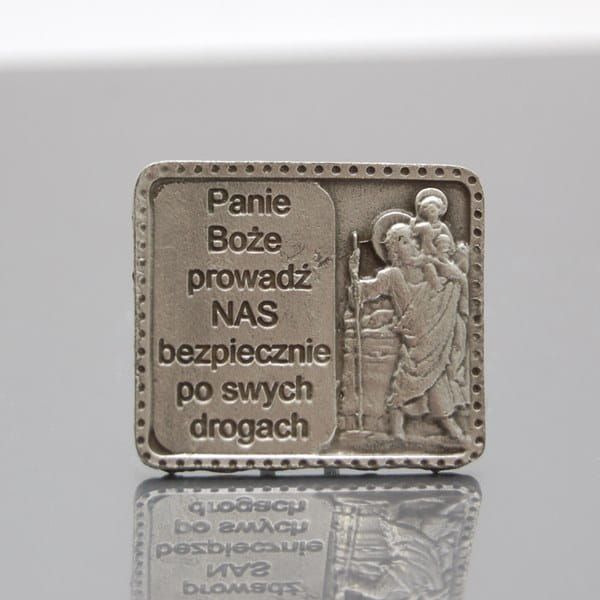 Modlitwa kierowcy metalowa plakietka ze św. Krzysztofem - pamiątka poświęcenia auta