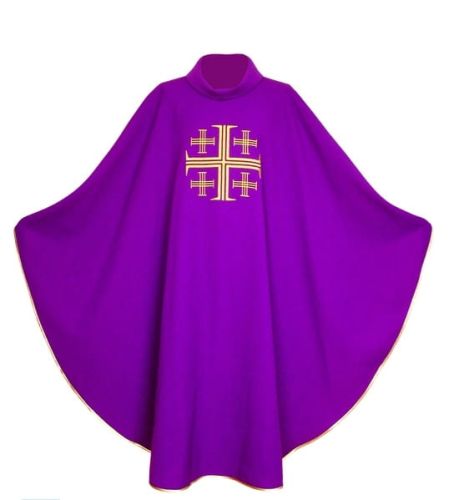 Ornat fioletowy z haftem krzyża jerozolimskiego 1-054 Antkowiak tkanina polska 130x156 cm stuła wewnętrzna kołnierz golf