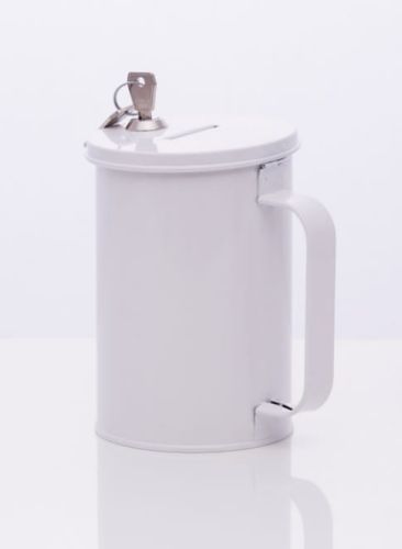 Sklep liturgiczny - Puszka skarbonka kościelna na zbiórkę datków BIAŁA , metalowa puszka zamykana na zamek - e-religijne.pl