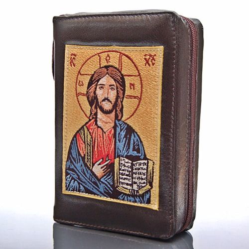 Okładka na Pismo św. z ikoną haftowaną ze skóry - (BRĄZOWA PANTOKRATOR) - format oazowy e-religijne.pl