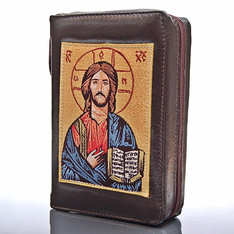 Okładka na Pismo św. z ikoną haftowaną ze skóry - (BRĄZOWA PANTOKRATOR) - format oazowy e-religijne.pl