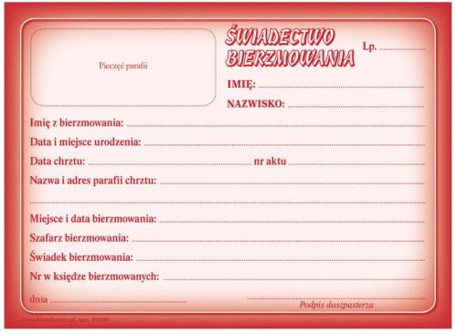 Świadectwo bierzmowania – druk liturgiczny od Wydawnictwa Hlondianum, czerwono-biała oprawa, pola do wypełnienia | sklep chrześcijanski