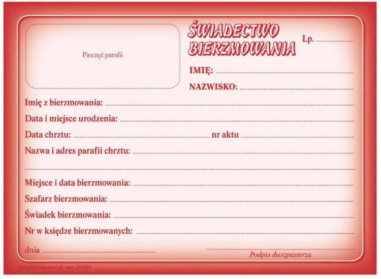 Świadectwo bierzmowania – druk liturgiczny od Wydawnictwa Hlondianum, czerwono-biała oprawa, pola do wypełnienia | sklep chrześcijanski