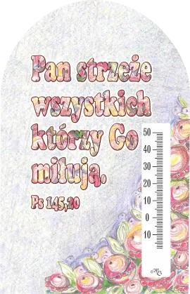 Termometr pokojowy z biblijnym tekstem "Pan strzeże wszystkich ..." (Ps 145,20) chrześcijańskie upominki sklep e-religijne.pl