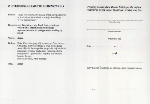 Dyplom bierzmowania – fragment liturgii sakramentu i pola do wypisania imienia i daty