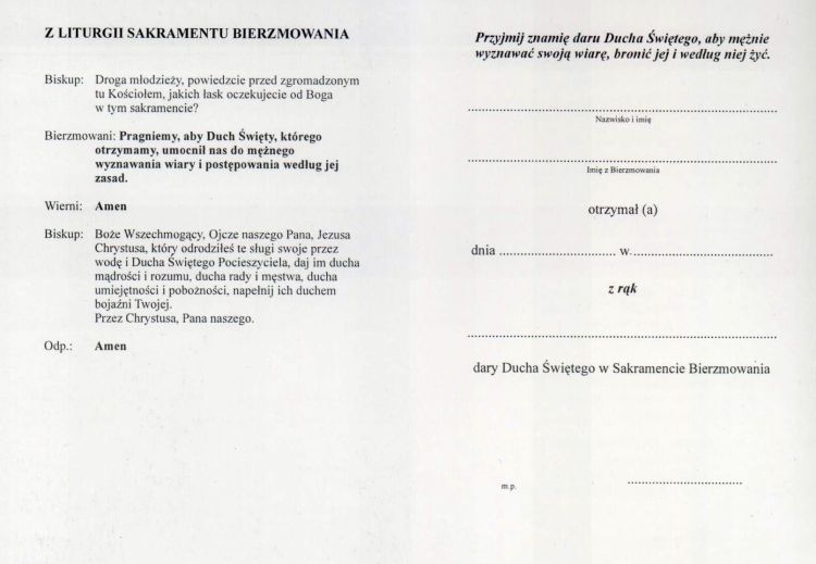 Dyplom bierzmowania – fragment liturgii sakramentu i pola do wypisania imienia i daty