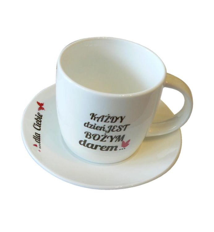 Filiżanka z motywem religijnym "Każdy dzień jest Bożym darem dla ciebie" Chrześcijańskie gadżety" Kubeczki, podkładki, naklejki. Sklep e-religijne.pl