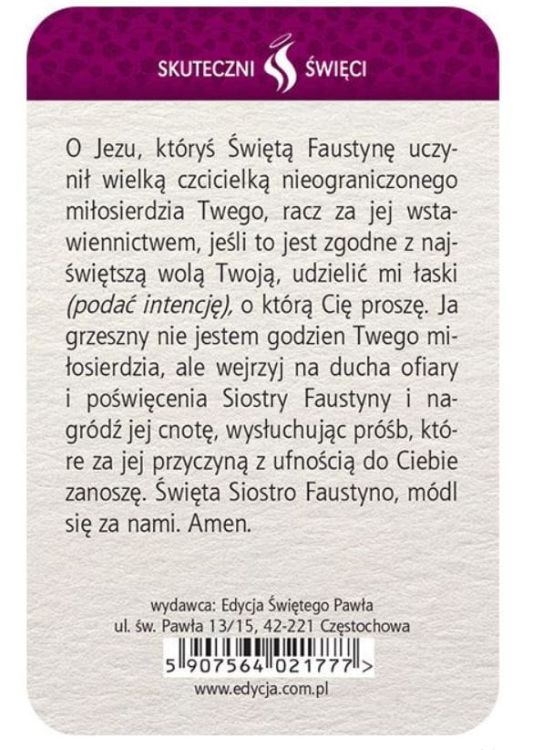 Święta Faustyna - plastikowa karta z modlitwą Edycja Świętego Pawła sklep e-religijne.pl