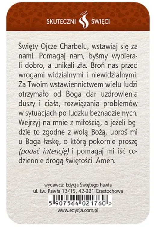 Sklep chrześcijański Edycja św. Pawła: Święty Charbel - plastikowa karta z modlitwą