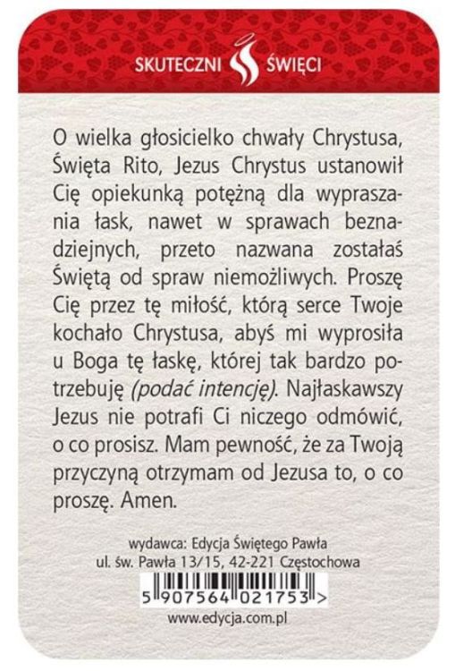 Księgarnia chrześcijańska Święta Rita - plastikowa karta z modlitwą