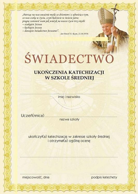 Dyplom - świadectwo ukończenia katechizacji w szkole średniej sklep chrześcijański dewocjonalia