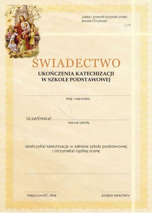 Produkty religijne - dewocjonalia - druki parafialne: Dyplom ukończenia nauki religii w zakresie Szkoły Podstawowej 20 sztuk