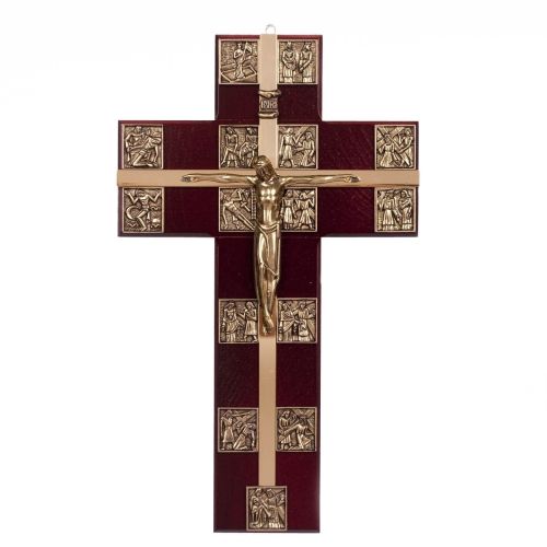 Krzyż wiszący ze stacjami Drogi Krzyżowej - szeroki (ciemny) e-religijne.pl