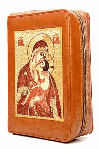 Okładka na Pismo św. z ikoną haftowaną ze skóry - (BRĄZ) - format oazowy e-religijne.pl