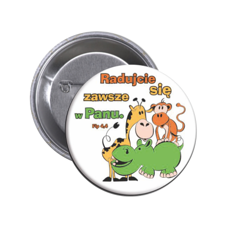 Przypinka religijna button "Radujcie się zawsze" gadżety religijne sklep e-religijne.pl