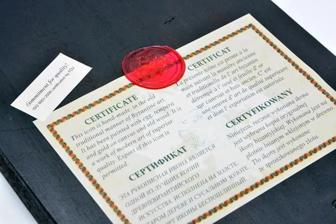 Certyfikat autentyczności wykonania greckiej ikony bizantyjskiej.