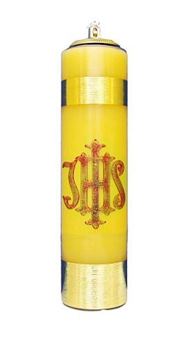 Świeca ołtarzowa żółta zdobiona IHS z wkładem olejowym S06 sklep chrześcijański | dewocjonalia Artykuły liturgiczne