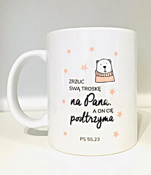 Sklep chrześcijański | Kubek "Zrzuć swą troskę na Pana a On Cię podtrzyma" (Ps 55,23)