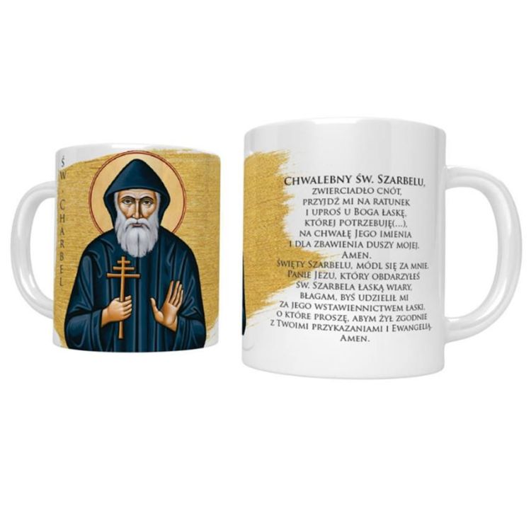 Kubek ze świętym Charbelem i modlitwą - sklep religijny z kubeczkami chrześcijańskimi