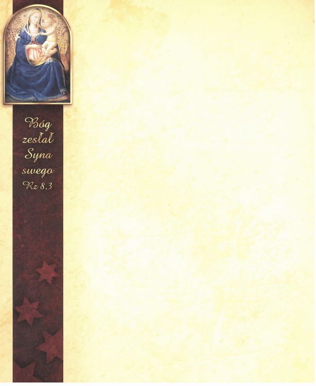 Świąteczna papeteria A4 z bożonarodzeniową miniaturą Maryi z Dzieciątkiem i cytatem "Bóg zesłał Syna swego" na ozdobnym tle | sklep chrześcijański