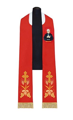 ASGA Kierlikówka - szaty liturgiczne - Stuła czerwona ozdobna haftowana św. Maksymilian Maria Kolbe AS1188