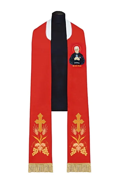 ASGA Kierlikówka - szaty liturgiczne - Stuła czerwona ozdobna haftowana św. Maksymilian Maria Kolbe AS1188