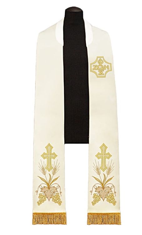 ASGA SZATY LITURGICZNE - nowe wzory stuł i alb kapłańkich - ceny producenta - sklep Stuła dla księdza z haftem krzyża FOS ZOE ŚWIATŁO ŻYCIE AS1193