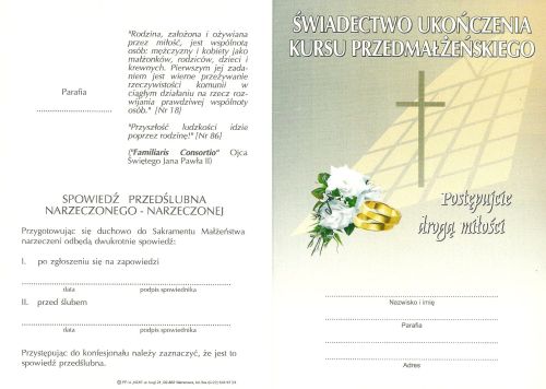 Świadectwo ukończenia kursu przedmałżeńskiego - druk / dyplom e-religijne.pl