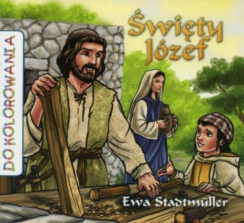 Kolorowanka religijna Święty Józef dla dzieci - ilustracja przedstawiająca św. Józefa z małym Jezusem podczas pracy w warsztacie stolarskim