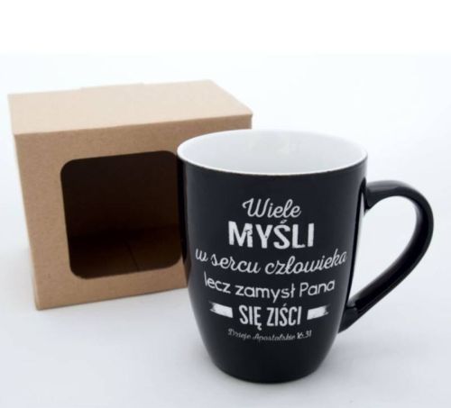 sklep chrześcijański: Kubek "Wiele myśli w sercu człowieka lecz zamysł Pana się ziści" (Dz 16,31)