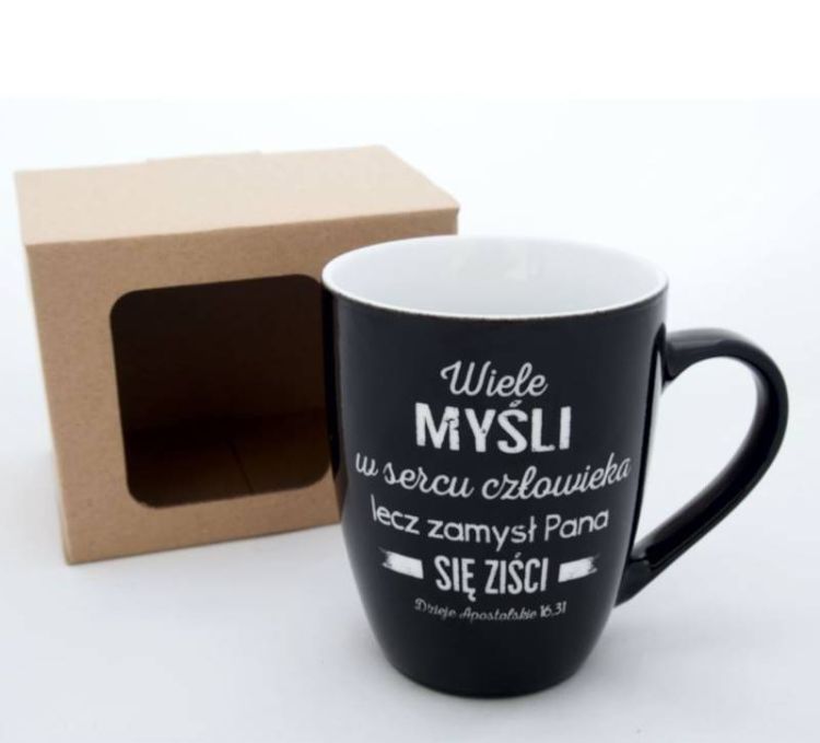 sklep chrześcijański: Kubek "Wiele myśli w sercu człowieka lecz zamysł Pana się ziści" (Dz 16,31)