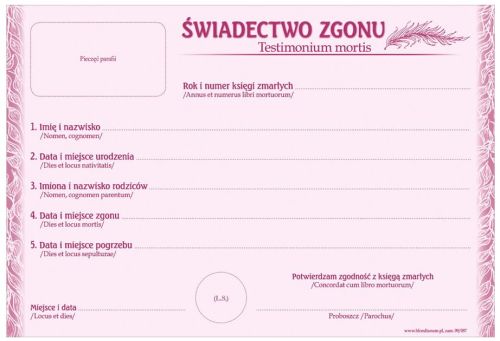 Zaświadczenie - Świadectwo Zgonu paczka 50 szt. Hlondianum e-religijne.pl
