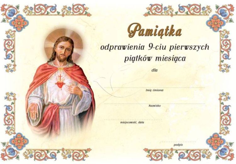 Dyplom - Pamiątka odprawienia 9 pierwszych piątków miesiąca A5 - sklep dewocjonalia akcydensy