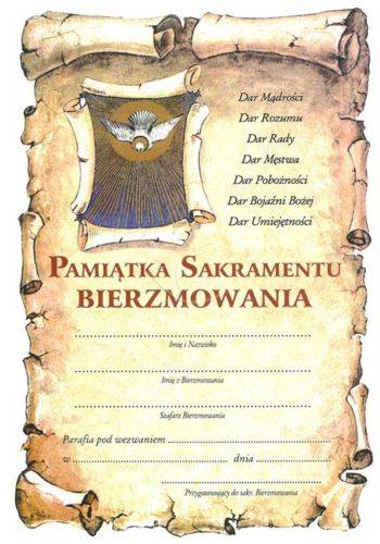 Sklep z dewocjonaliami upominki religijne Dyplom Pamiątka Sakramentu Bierzmowania Duch Święty