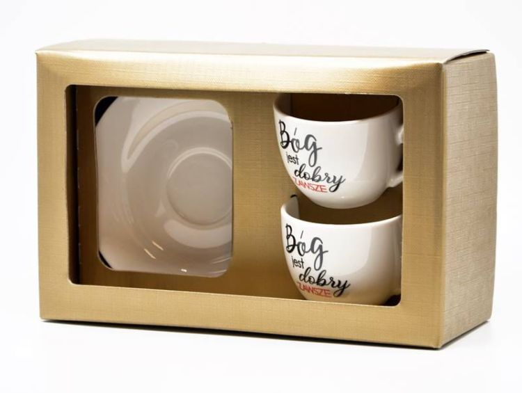 Sklep Chrześcijański: Filiżanki do espresso 2 sztuki "Bóg jest dobry zawsze" upominki religijne