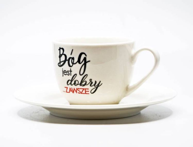 Sklep Chrześcijański: Filiżanki do espresso 2 sztuki "Bóg jest dobry zawsze" upominki religijne