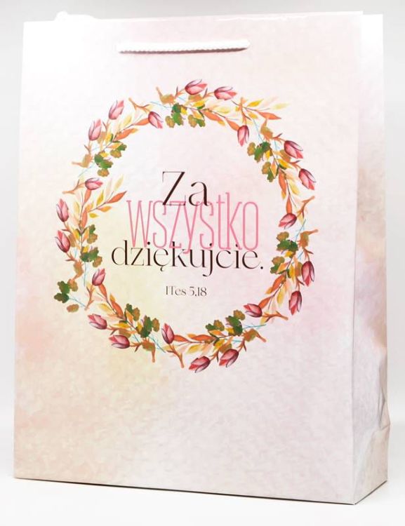 Torba na prezent z biblijnym cytatem "Za wszystko dziękujcie" (1 Tes 5,18) księgarnia religijna sklep chrześcijański