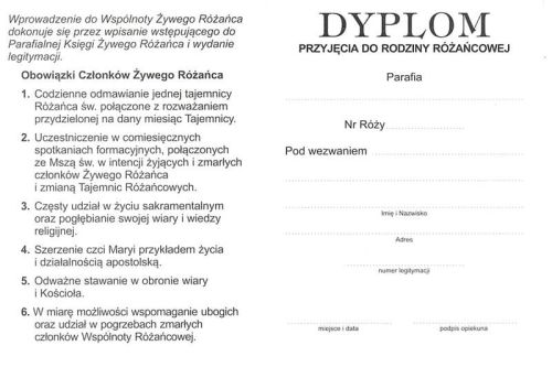 Dyplom przyjęcia do Rodziny Różańcowej (20 sztuk) dewocjonalia