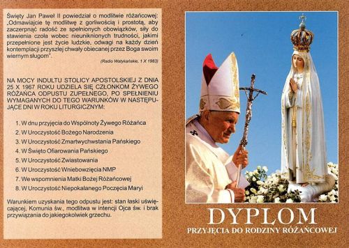 Dyplom przyjęcia do Rodziny Różańcowej (20 sztuk) dewocjonalia