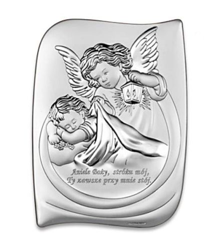 Sklep z dewocjonaliami obrazki srebrne na chrzest: Obrazek srebrny Anioł Stróż z modlitwą Aniele Boży 6473 S/2X