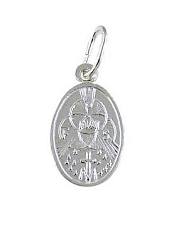 Medalik srebrny z Duchem Świętym, rewers, kompozycja sakralna z centralnym wizerunkiem w glorii, srebro próby 925