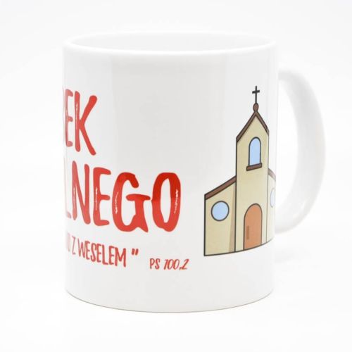 Sklep z kubeczkami chrześcijańskimi: Kubek KOŚCIELNEGO: Biały kubek z czerwonym napisem "Służcie Panu z weselem" i grafiką kościoła