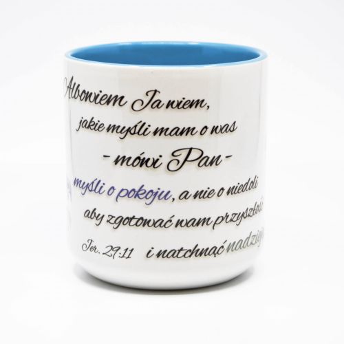 Sklep chrześcijański: Kubek do kawy z biblijnym cytatem "Albowiem ja wiem ..." (Jer 29,11) księgarnia religijna