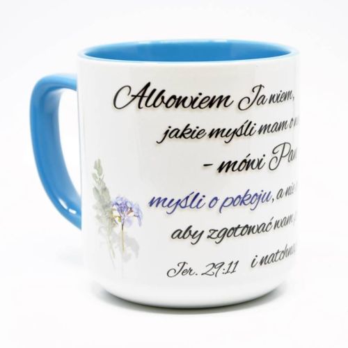 Sklep chrześcijański: Kubek do kawy z biblijnym cytatem "Albowiem ja wiem ..." (Jer 29,11) księgarnia religijna