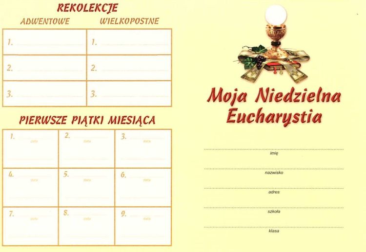 Księgarnia religijna: akcydensy druki Moja niedzielna Eucharystia - kontrolki - sprawdziany na niedziele (50 sztuk)