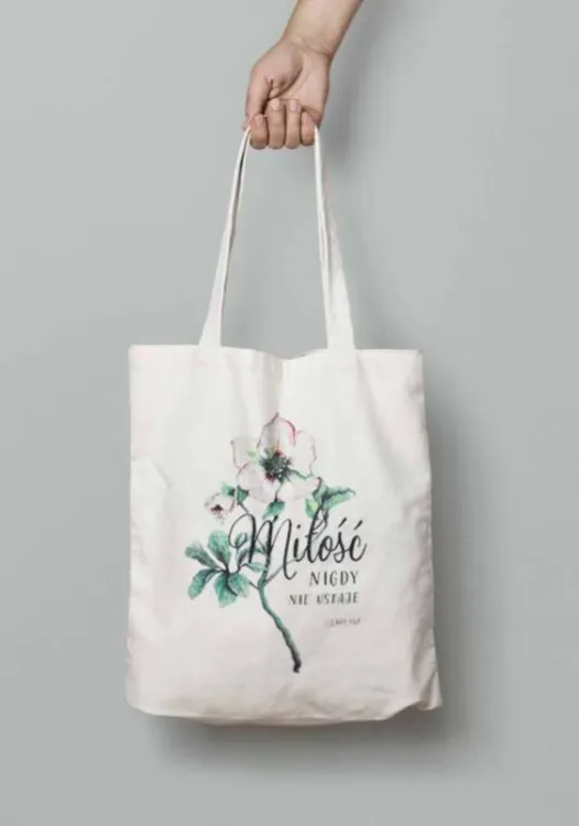 Szaron torby na zakupy: Bawełniana torba eco na zakupy "Miłość nigdy nie ustaje" (1 Kor 13,8)
