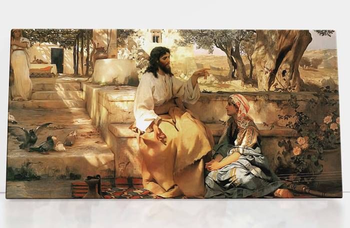 Sklep chrześcijański obrazy - Jezus i Samarytanka przy studni - obraz na płótnie canvas 30x70 dewocjonalia art christiana