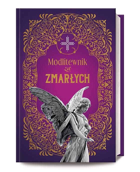 Okładka książki "Modlitewnik za Zmarłych" z wizerunkiem anioła i ozdobnymi złotymi wzorami.